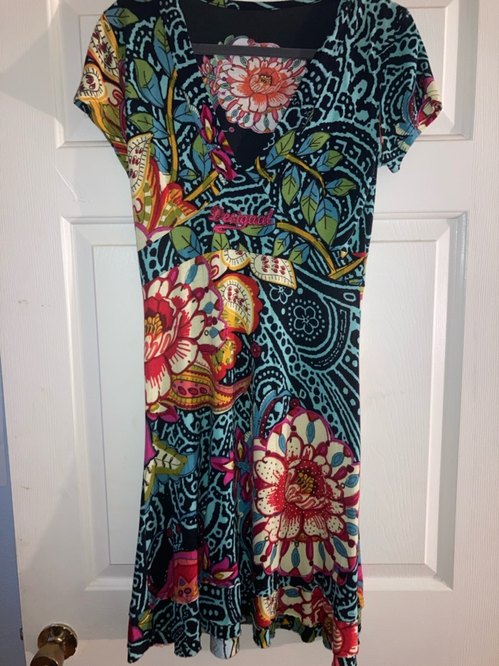 Desigual Teal Floral V-Neck Midi Dress with Multicolor Blooms